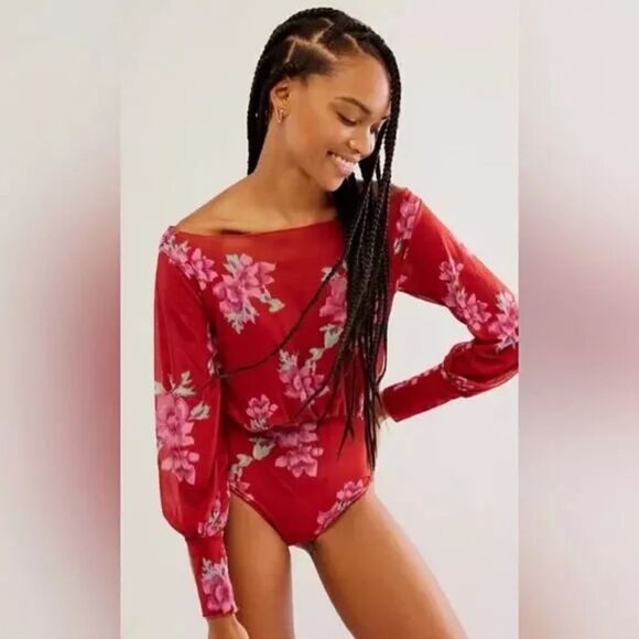 NWOT Free People Undercover Bodysuit XS Floral Thong Off Shoulder Long Sleeve - Picture 3 of 13